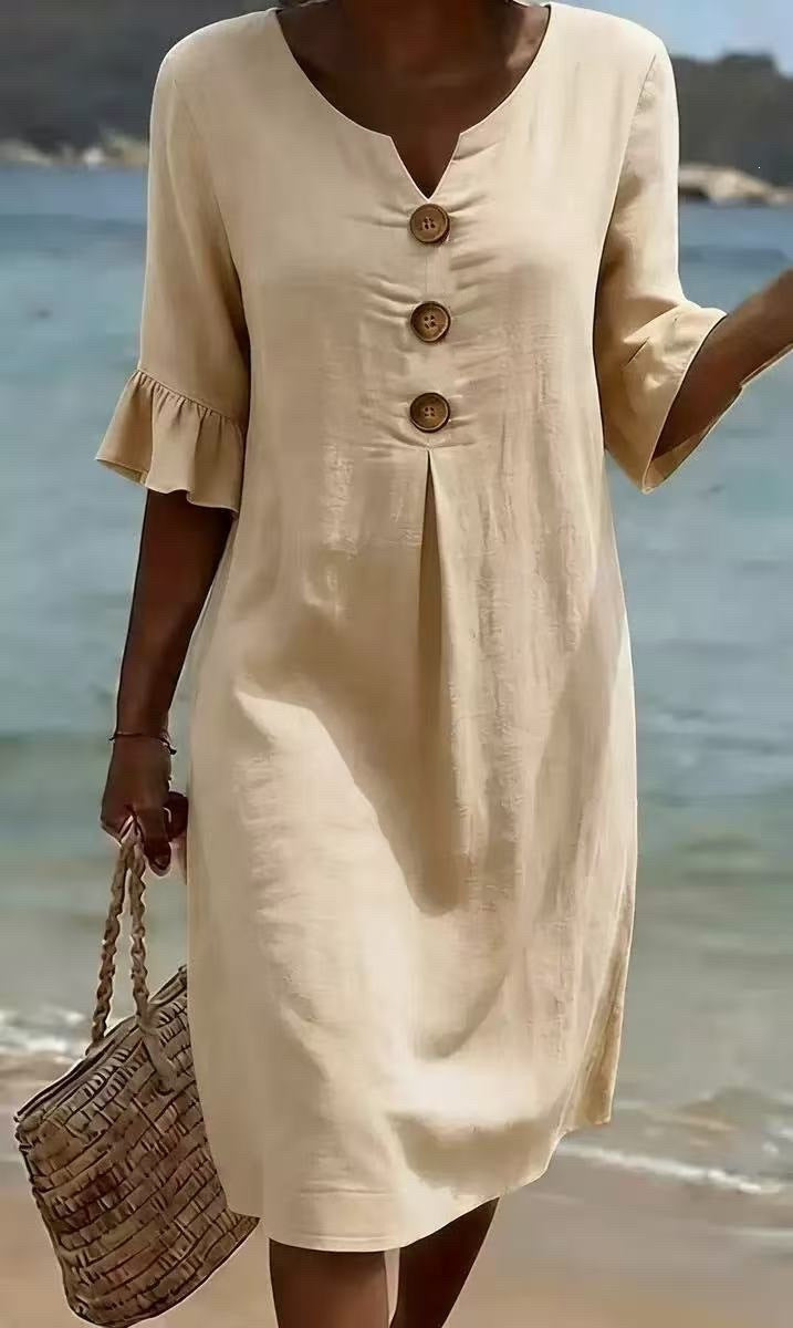 Vestito Donna Elegante Ampio in Poliestere con Bottoni