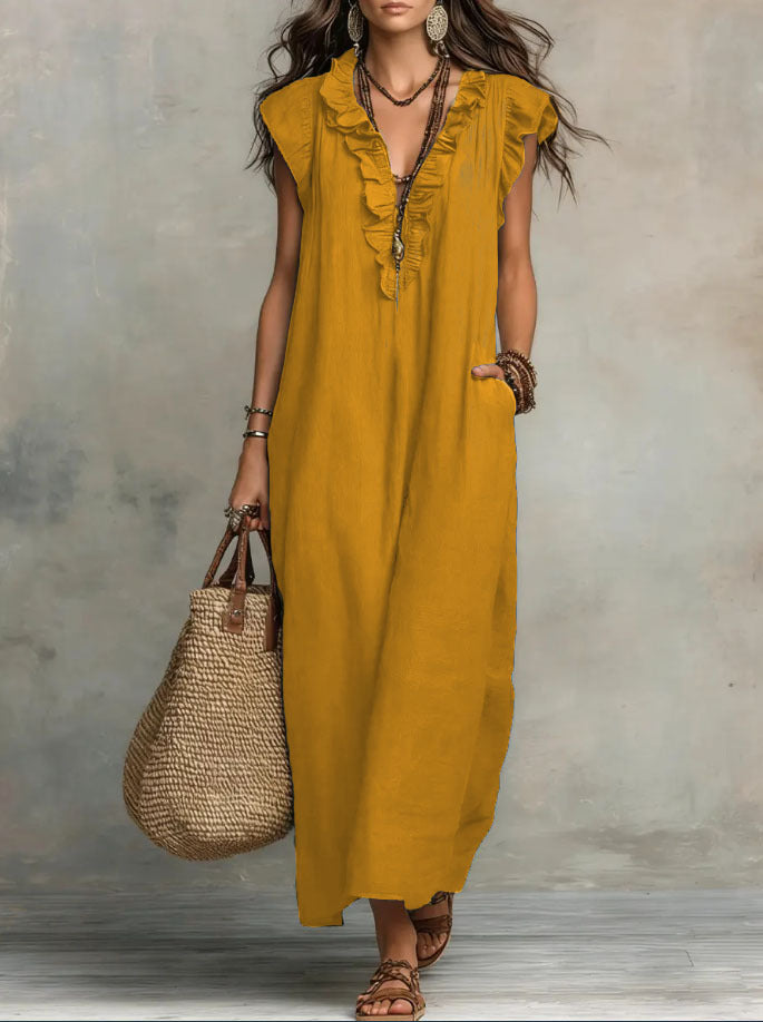 Abito Donna Boho Lungo in Lino e Cotone con Rouches