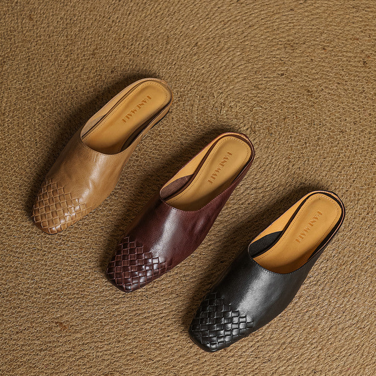 Mules Donna in Vera Pelle Intrecciata, Scarpe Slip-On Comode