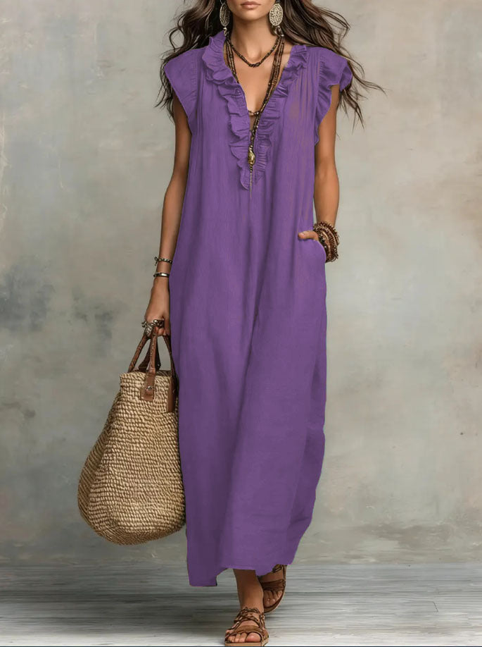 Abito Donna Boho Lungo in Lino e Cotone con Rouches