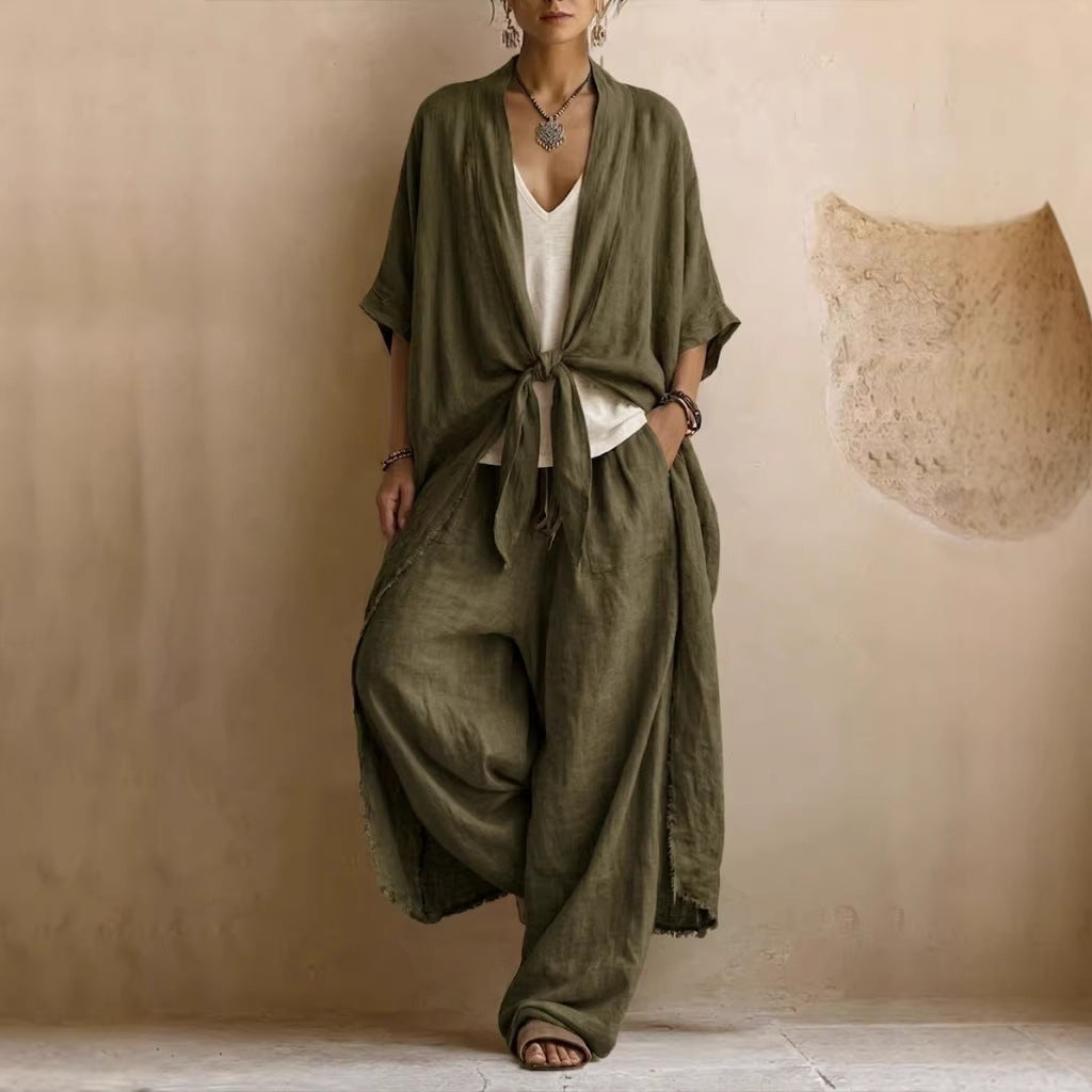 Completo Donna Kimono in Lino Oversize e Pantaloni Palazzo