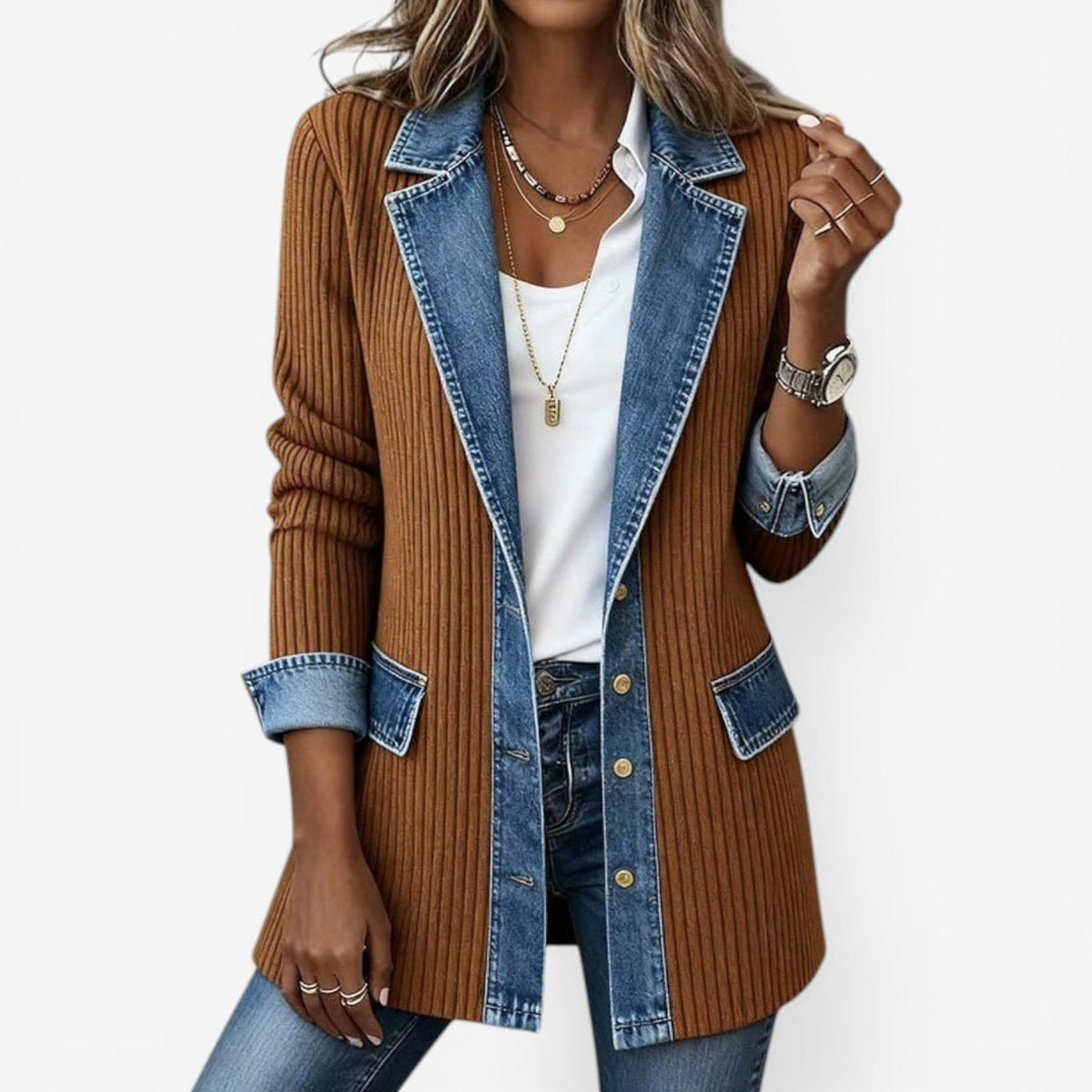 Giacca Donna con Colletto a Strati e Bottoni, Effetto Maglia e Denim