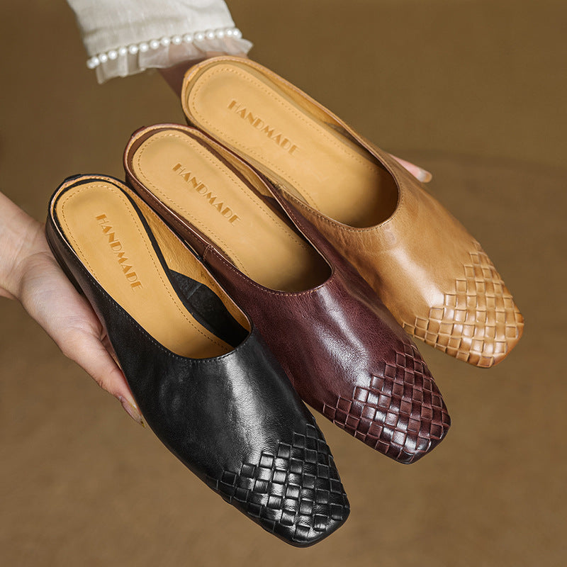Mules Donna in Vera Pelle Intrecciata, Scarpe Slip-On Comode