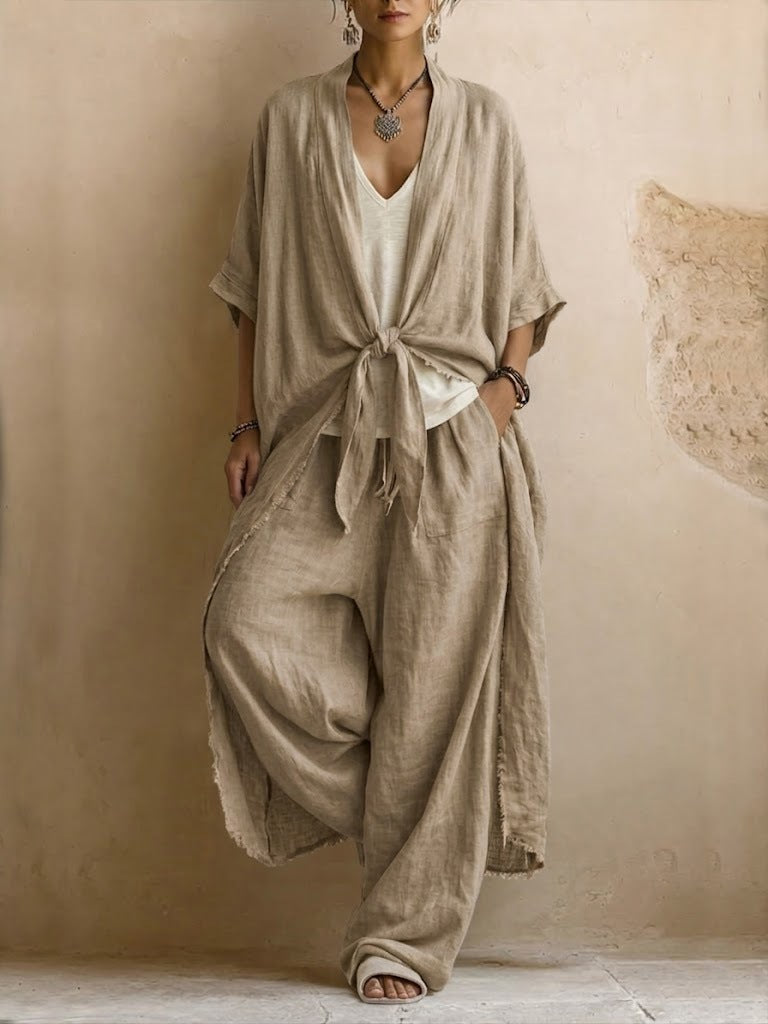 Completo Donna Kimono in Lino Oversize e Pantaloni Palazzo