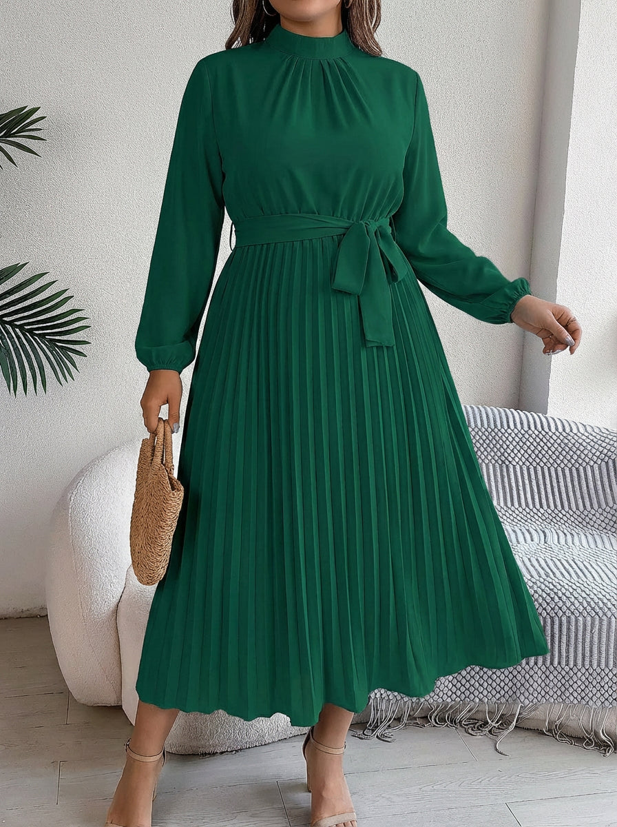 Abito Donna Maxi Plissettato con Cintura in Vita e Collo Alto
