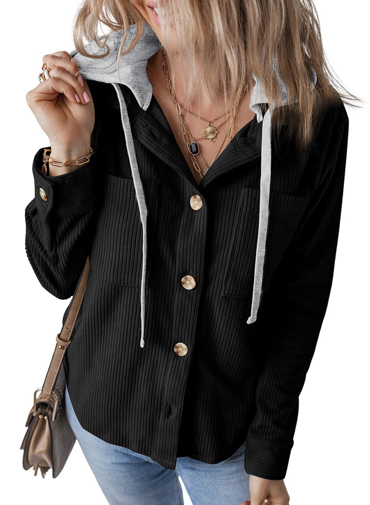 Donna - Giacca camicia a coste con cappuccio - Stile casual