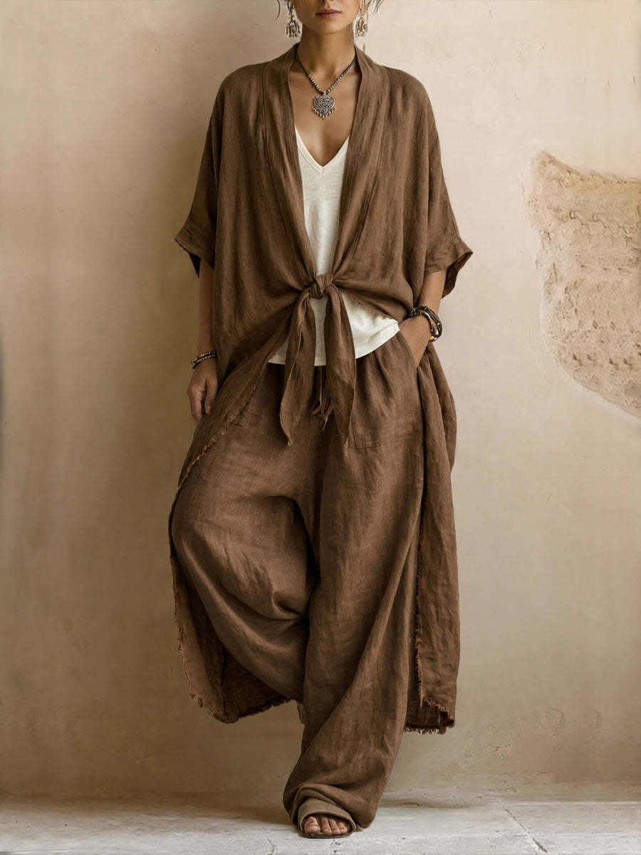Completo Donna Kimono in Lino Oversize e Pantaloni Palazzo