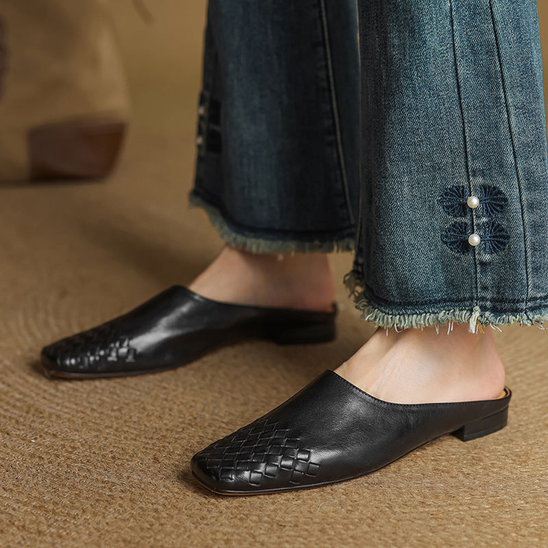 Mules Donna in Vera Pelle Intrecciata, Scarpe Slip-On Comode