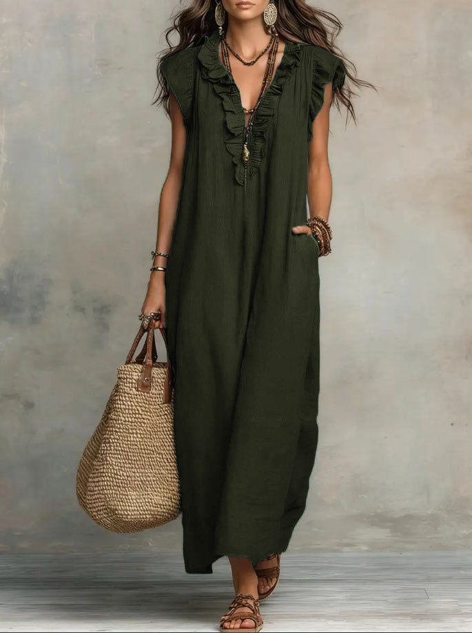 Abito Donna Boho Lungo in Lino e Cotone con Rouches