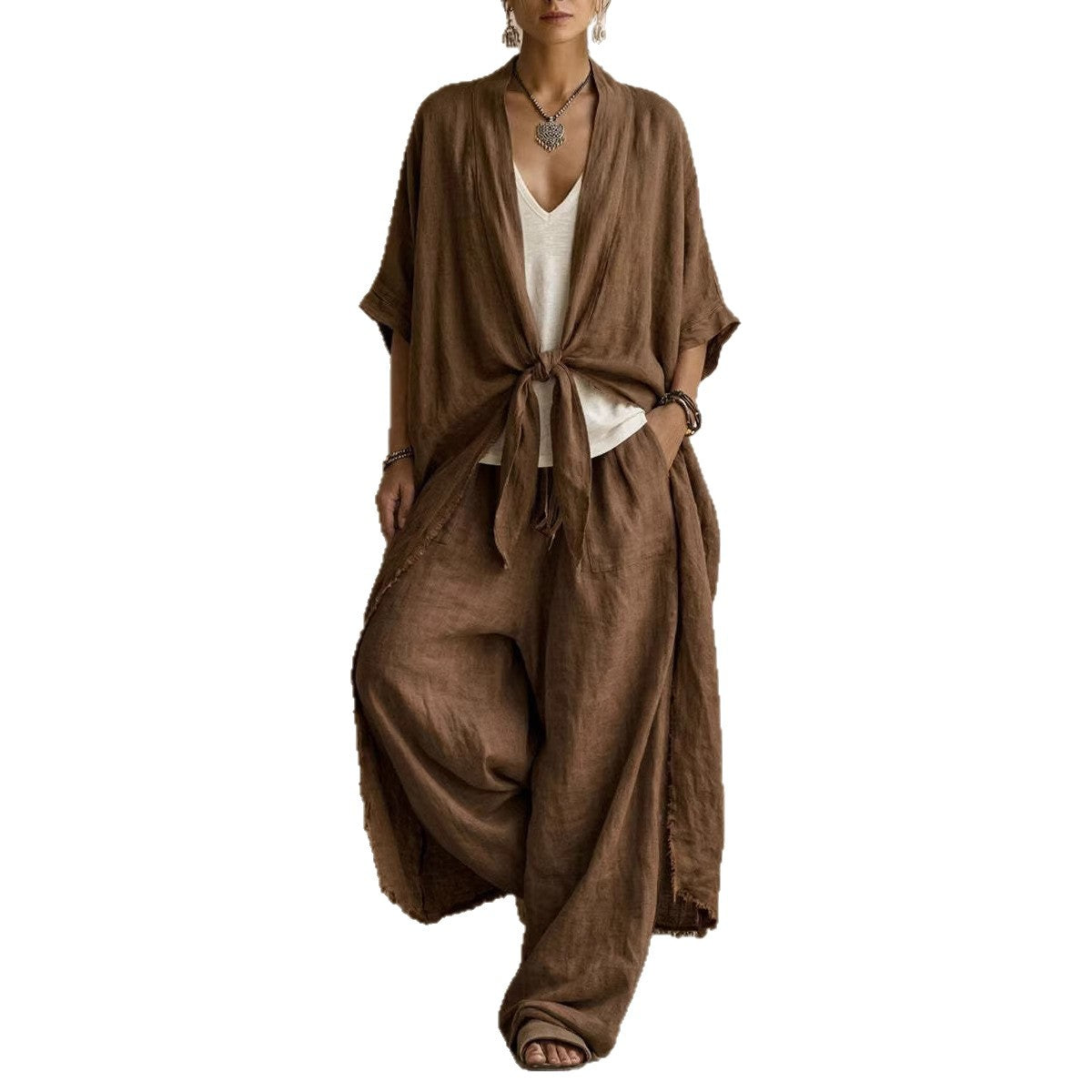 Completo Donna Kimono in Lino Oversize e Pantaloni Palazzo