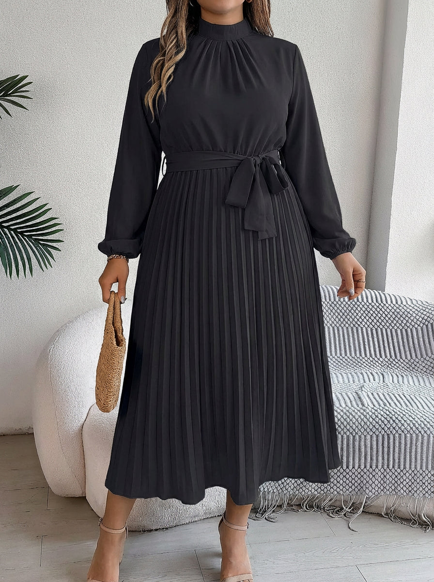 Abito Donna Maxi Plissettato con Cintura in Vita e Collo Alto