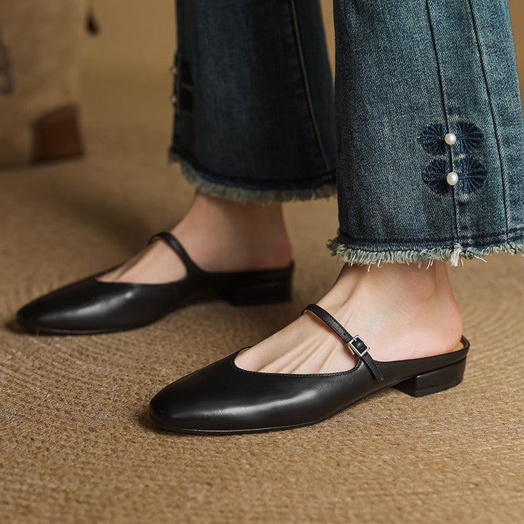 Mules Donna in Vera Pelle con Cinturino Mary Jane