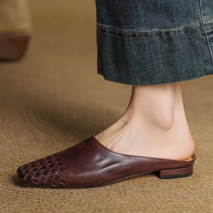 Mules Donna in Vera Pelle Intrecciata, Scarpe Slip-On Comode