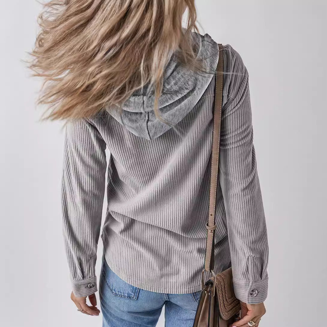 Donna - Giacca camicia a coste con cappuccio - Stile casual