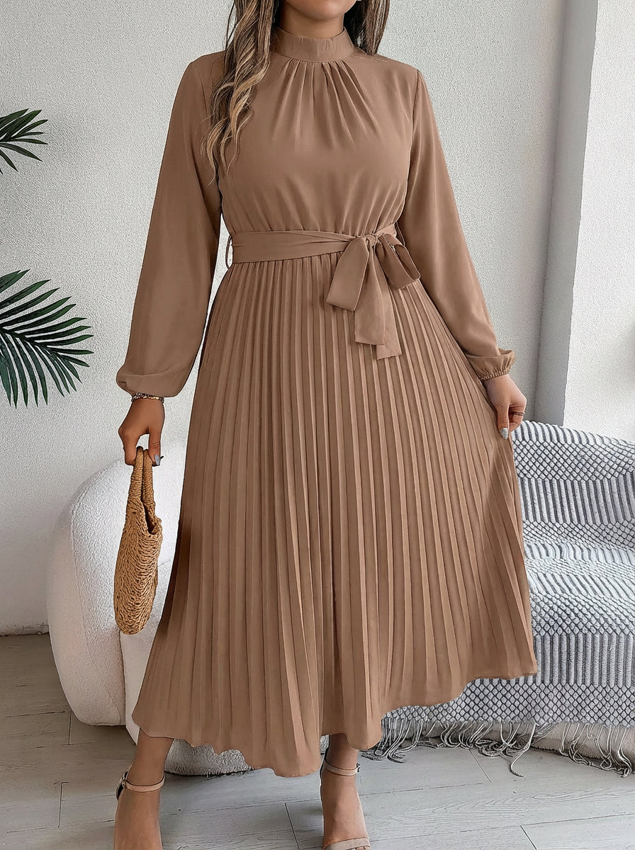 Abito Donna Maxi Plissettato con Cintura in Vita e Collo Alto