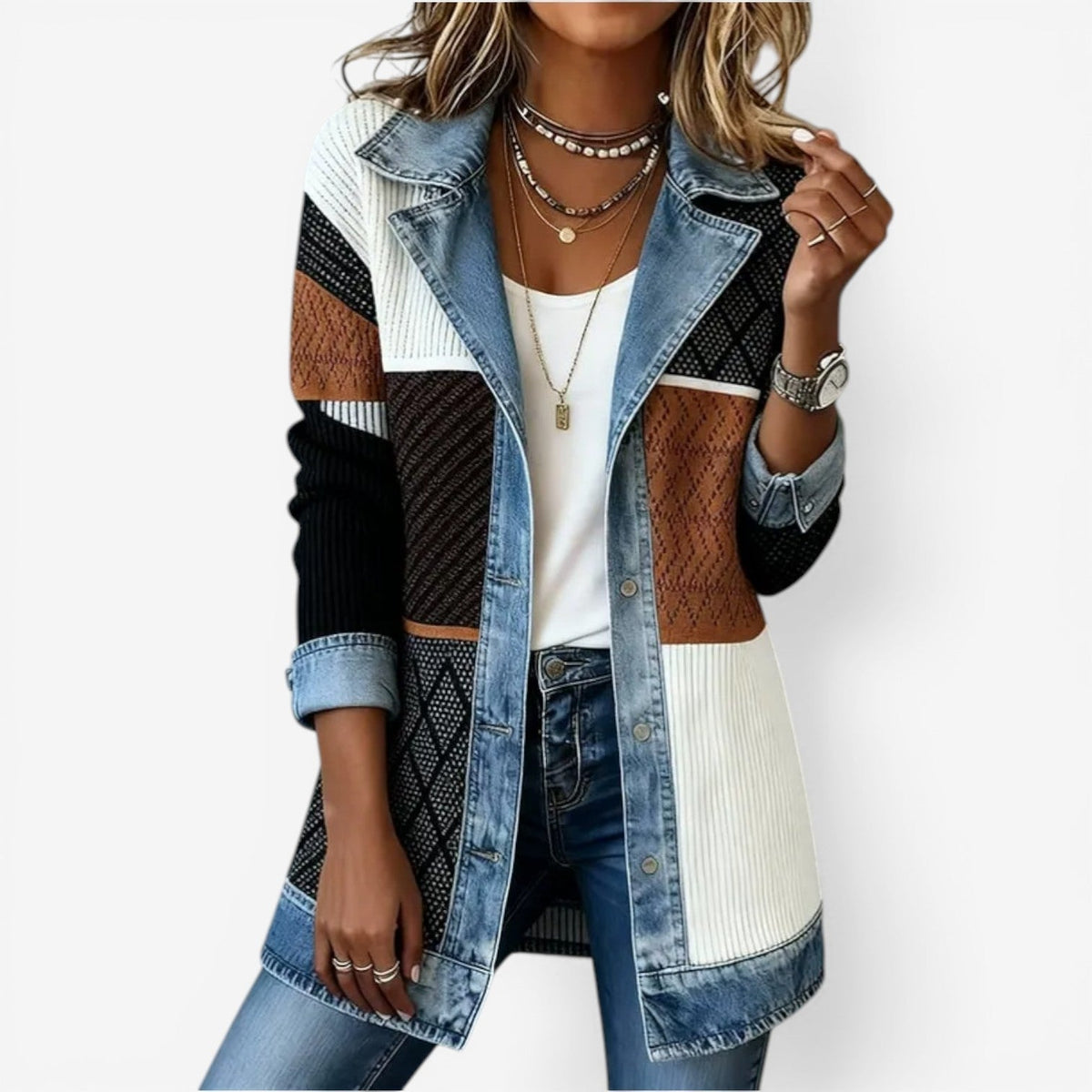 Giacca Donna con Colletto a Strati e Bottoni, Effetto Maglia e Denim
