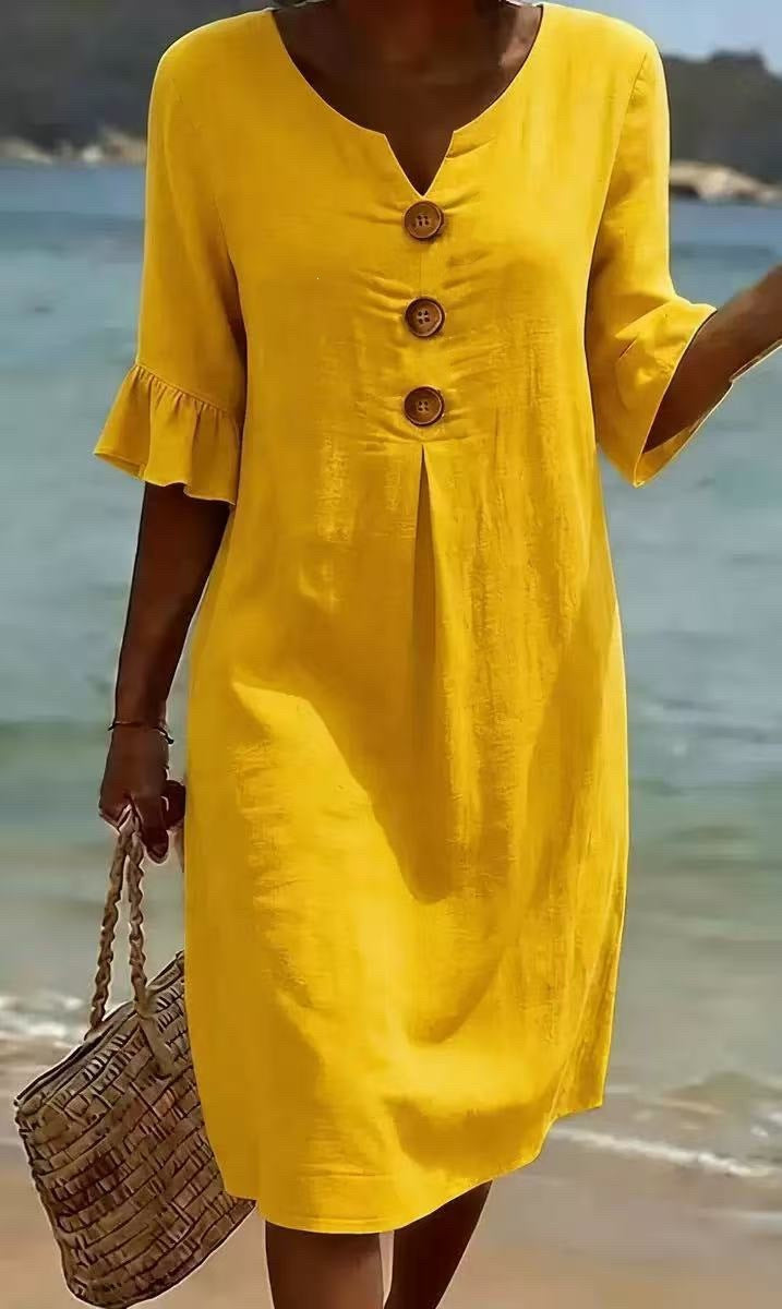 Vestito Donna Elegante Ampio in Poliestere con Bottoni