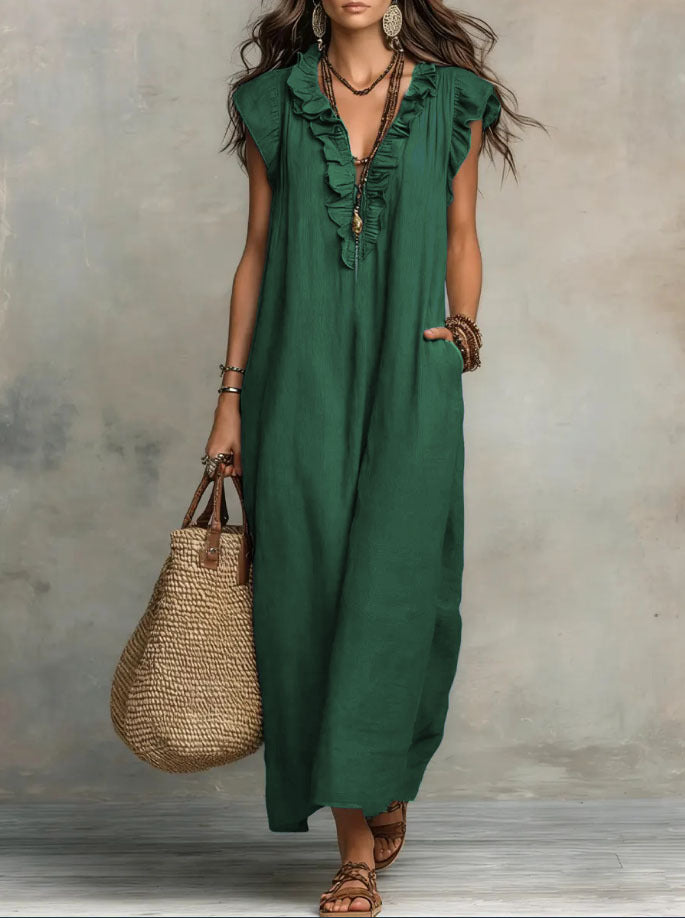 Abito Donna Boho Lungo in Lino e Cotone con Rouches