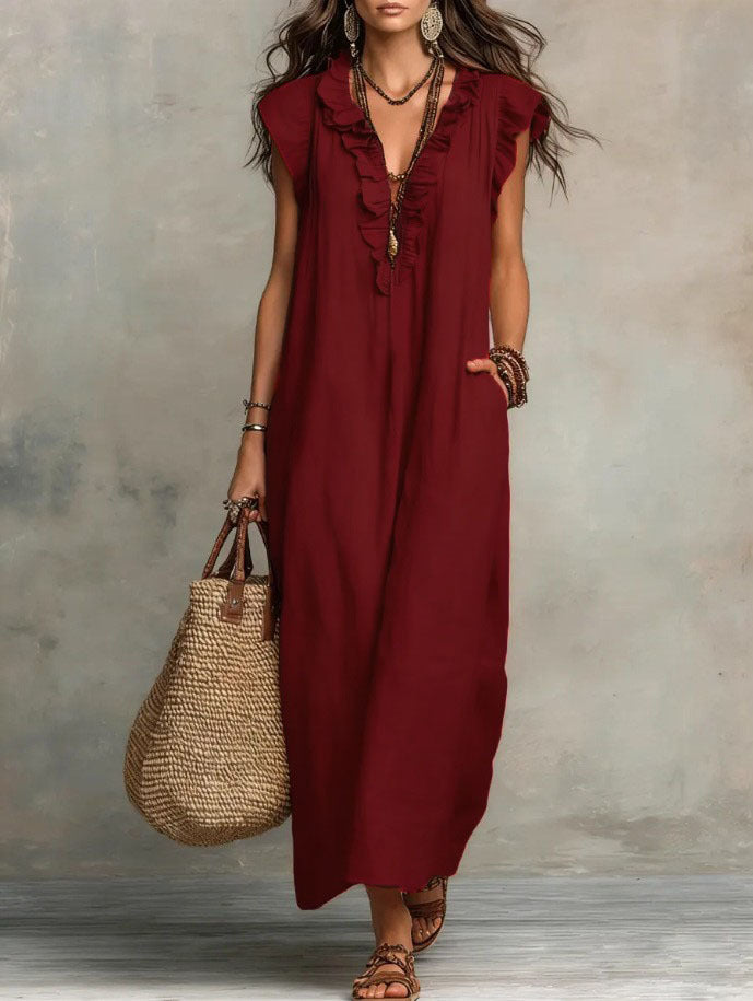 Abito Donna Boho Lungo in Lino e Cotone con Rouches