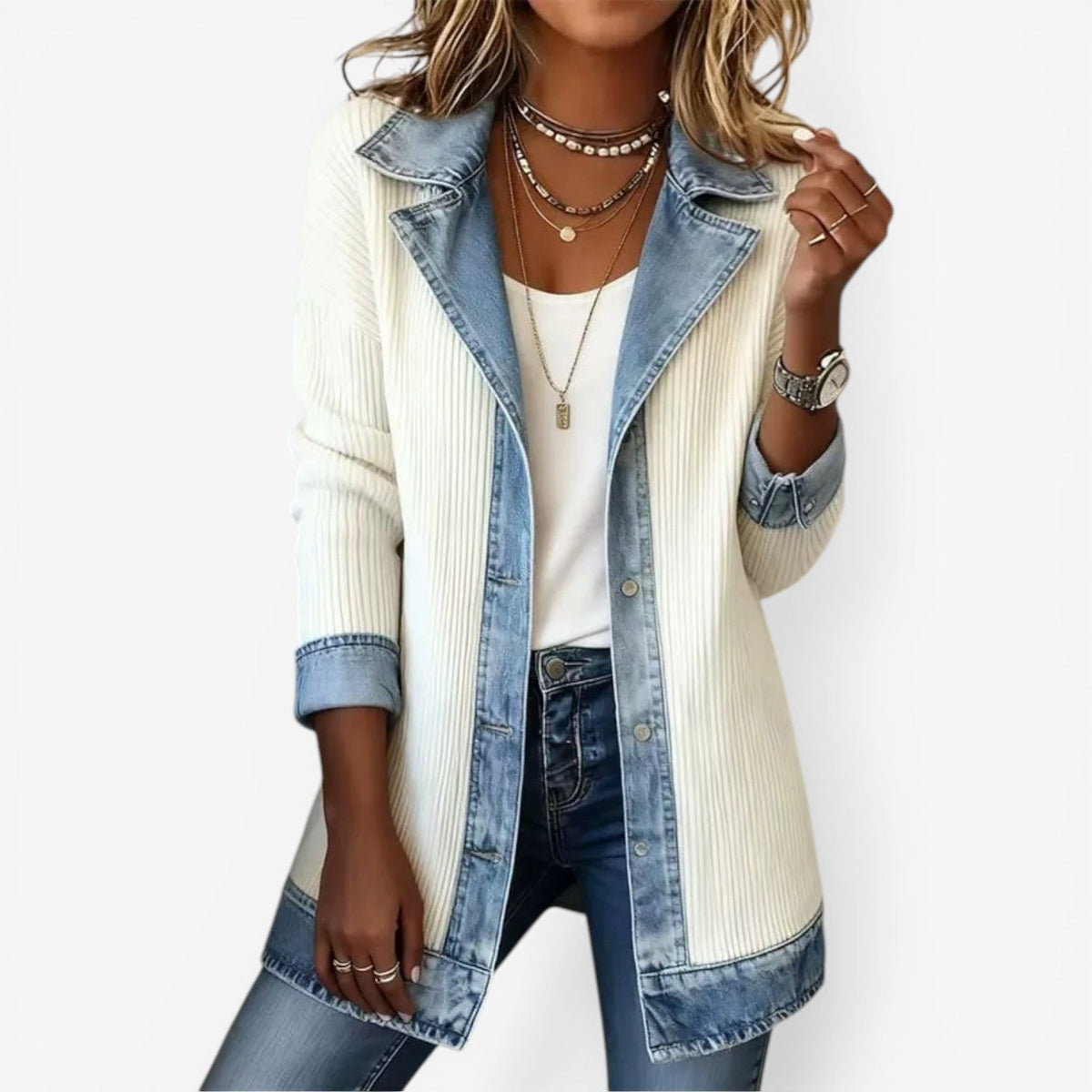 Giacca Donna con Colletto a Strati e Bottoni, Effetto Maglia e Denim