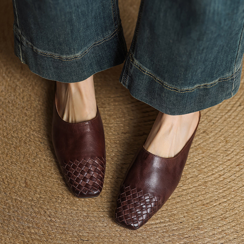 Mules Donna in Vera Pelle Intrecciata, Scarpe Slip-On Comode