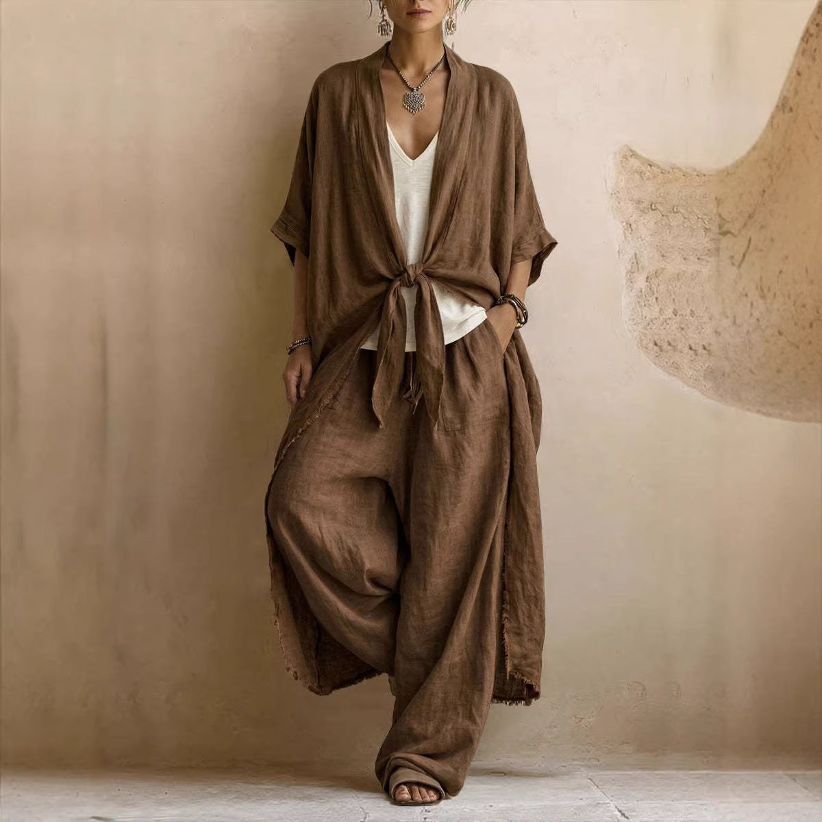 Completo Donna Kimono in Lino Oversize e Pantaloni Palazzo