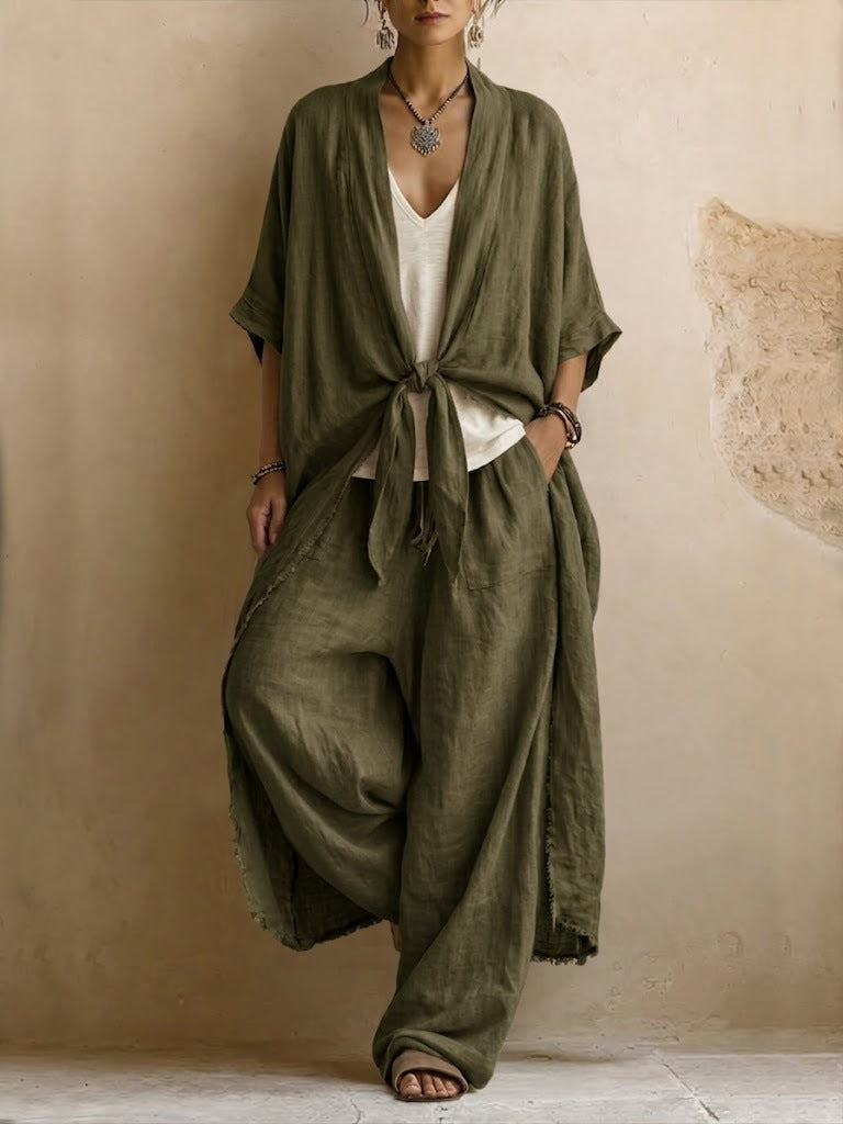 Completo Donna Kimono in Lino Oversize e Pantaloni Palazzo