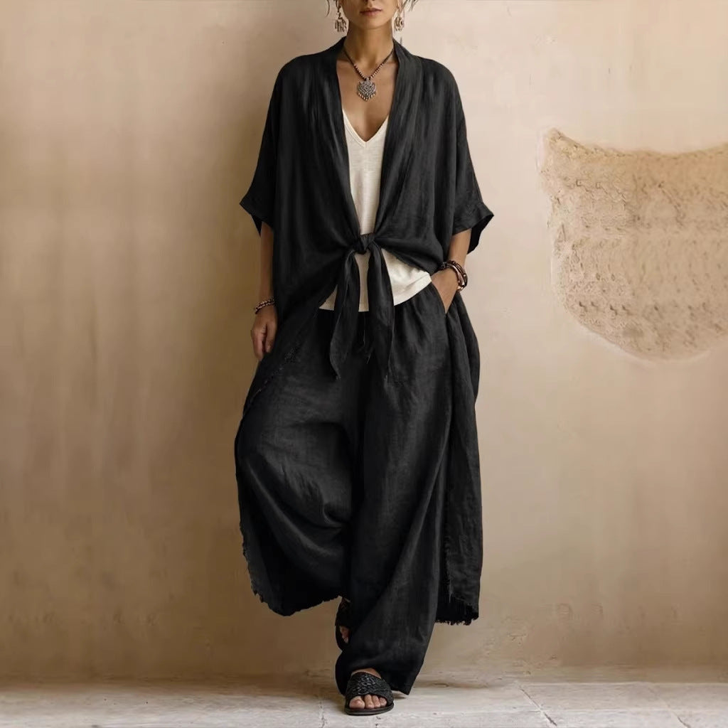 Completo Donna Kimono in Lino Oversize e Pantaloni Palazzo