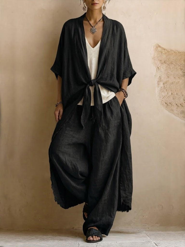 Completo Donna Kimono in Lino Oversize e Pantaloni Palazzo