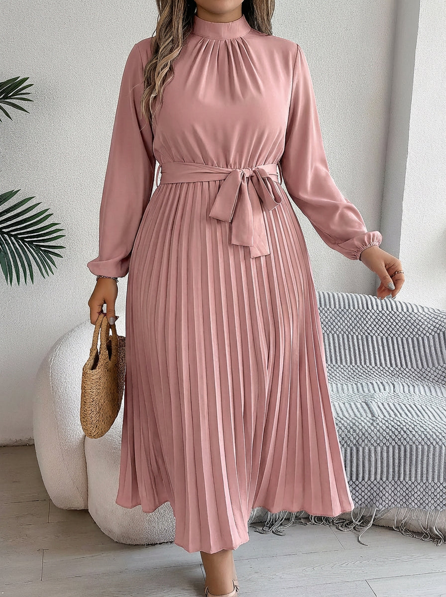 Abito Donna Maxi Plissettato con Cintura in Vita e Collo Alto