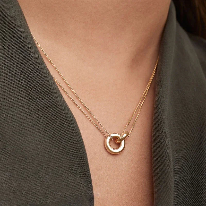 Collana Donna Pendente Cerchio Placcata Oro, Catena Acciaio