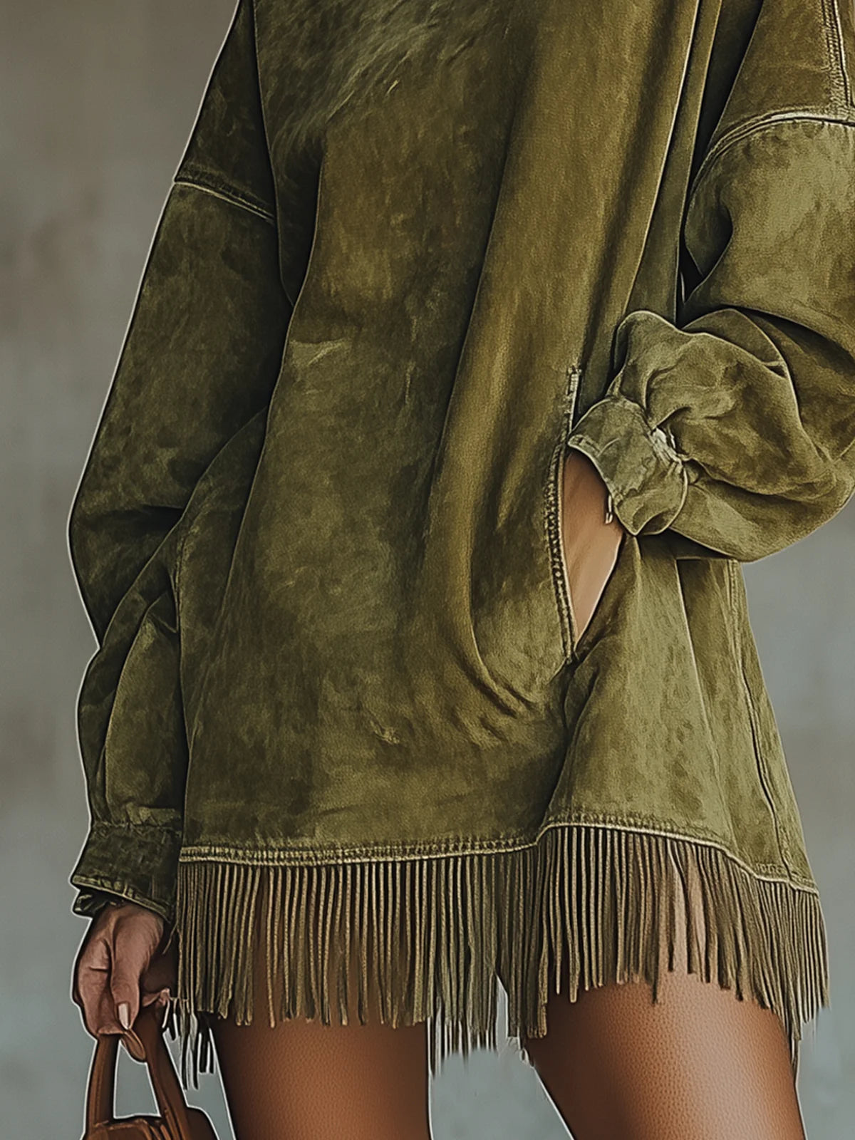 Abito Femminile Scollo Alto – Con Maniche Lunghe e Frange, Adatto per Primavera e Estate