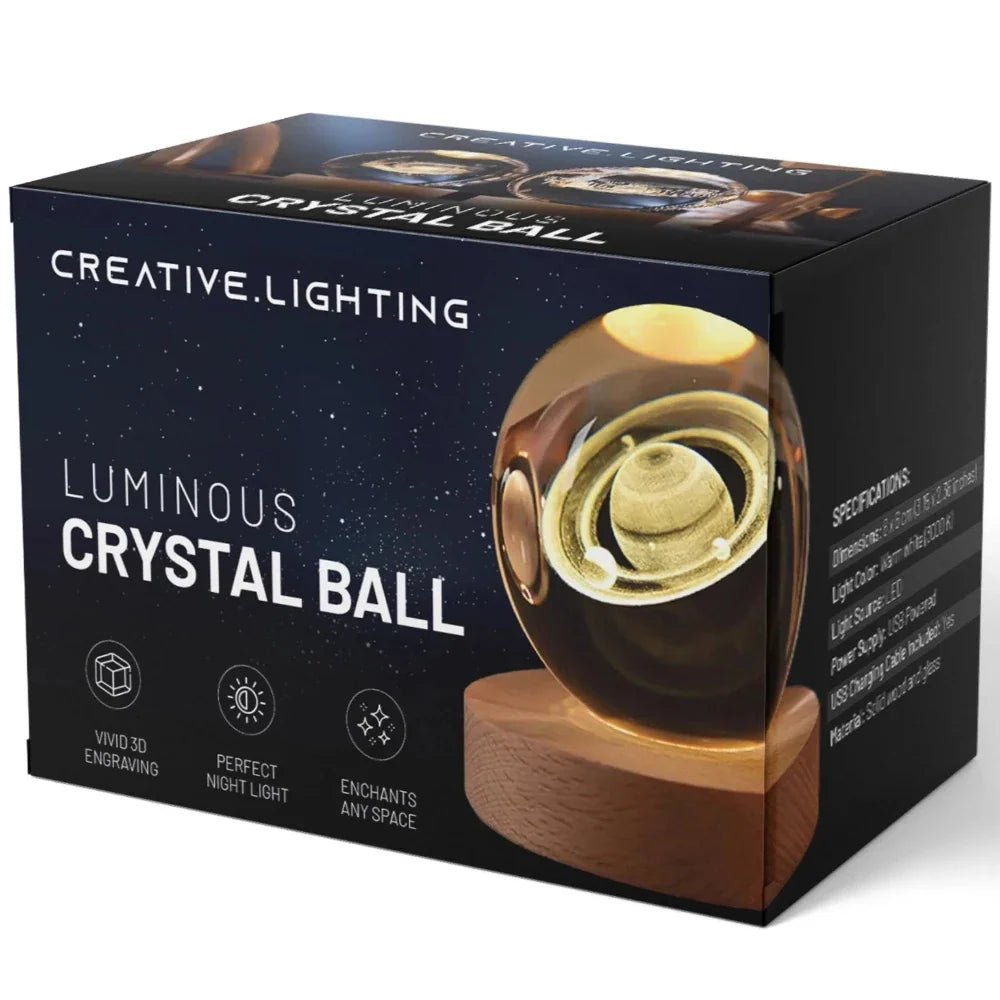 Sfera di Cristallo Luminosa 3D con Base LED in Legno - Lampada da Notte USB