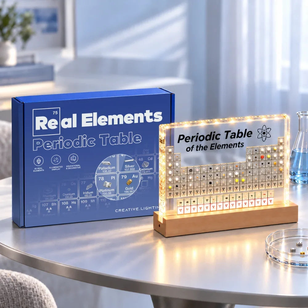 Tavola Periodica con Elementi Reali Illuminata in Resina Acrilica