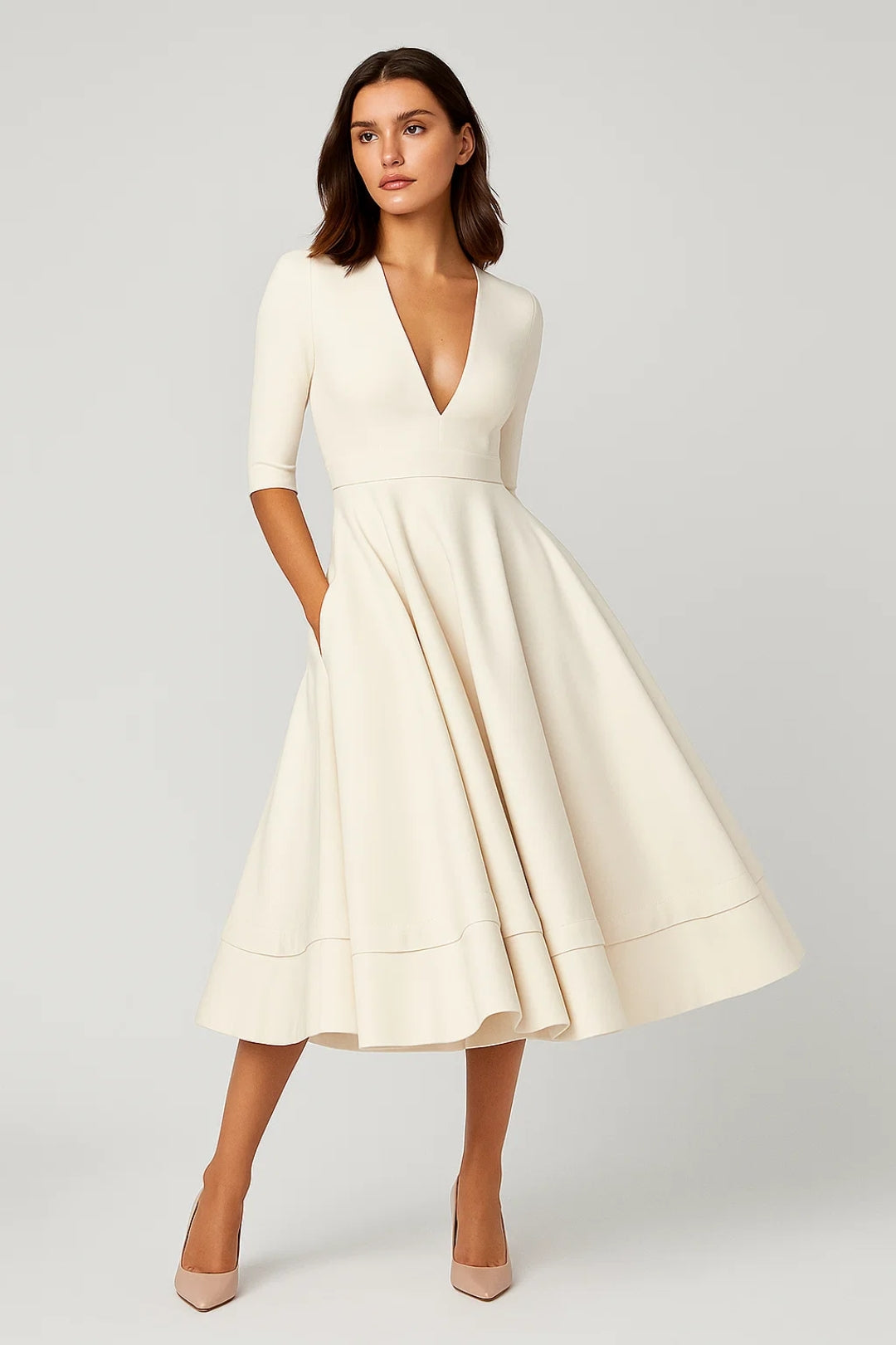 Abito Donna Midi Svasato Scollo a V - Vestito Elegante Mezza Stagione