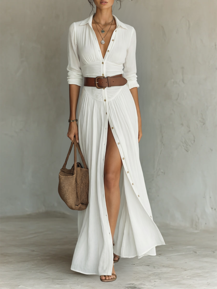 Abito Maxi Donna con Colletto Camicia e Spacco Gamba