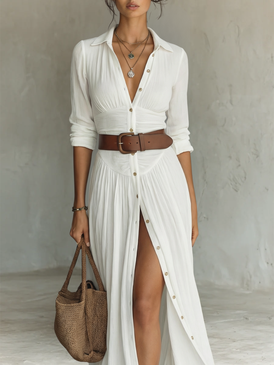 Abito Maxi Donna con Colletto Camicia e Spacco Gamba