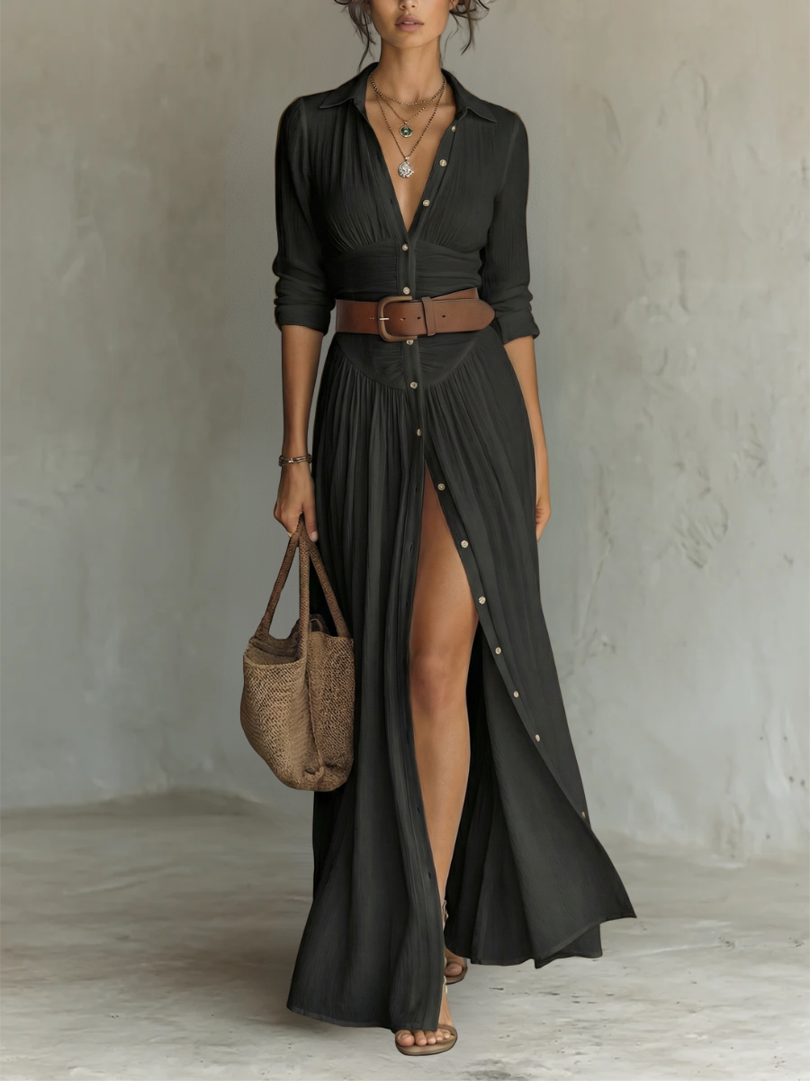 Abito Maxi Donna con Colletto Camicia e Spacco Gamba