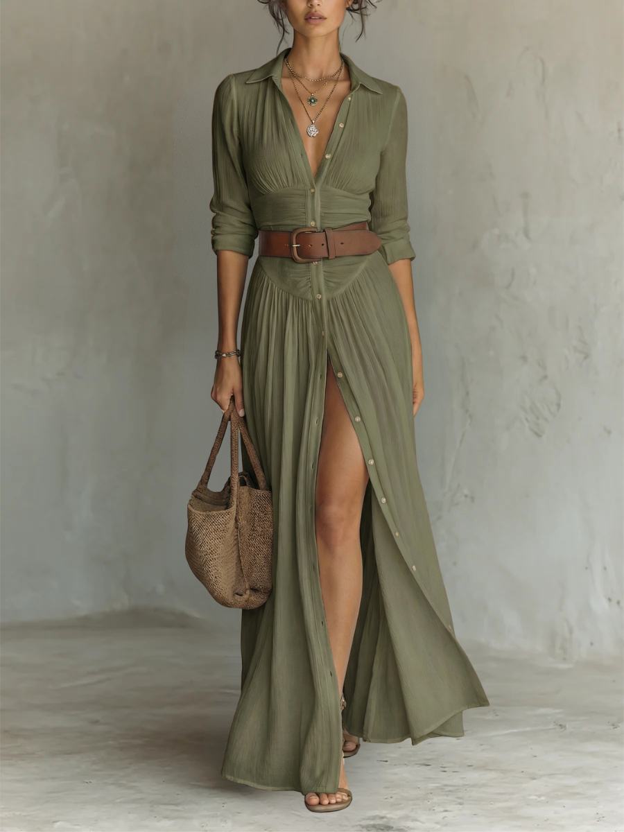 Abito Maxi Donna con Colletto Camicia e Spacco Gamba