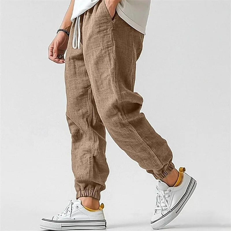Pantaloni Jogger in Misto Lino con Coulisse e Polsini a Caviglia
