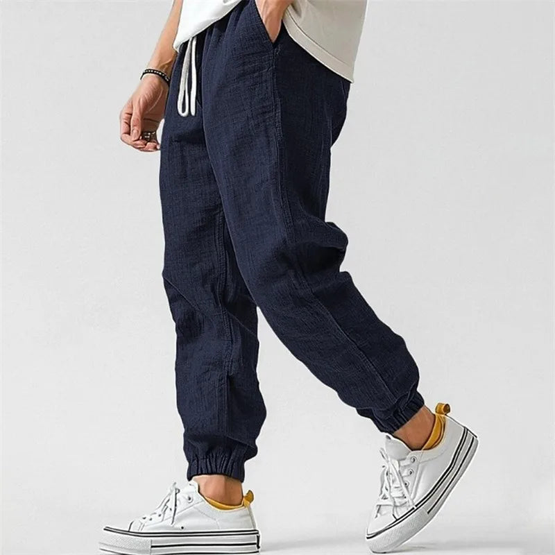 Pantaloni Jogger in Misto Lino con Coulisse e Polsini a Caviglia