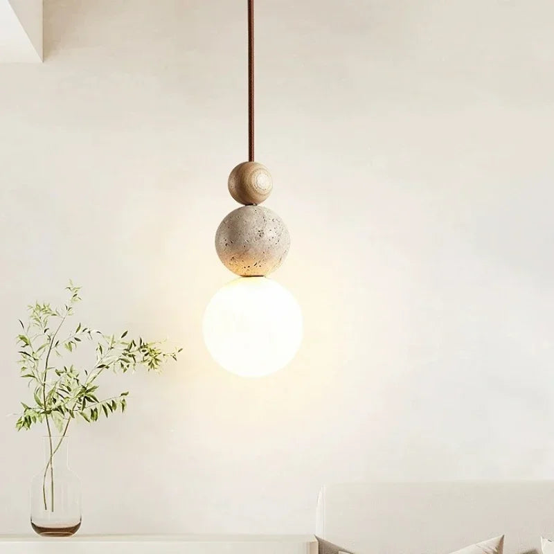 Lampada a Sospensione Sferica Minimalista in Vetro, Pietra e Legno