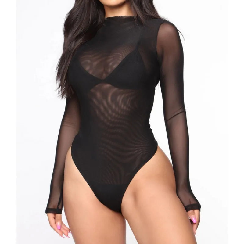 Body Donna in Rete Trasparente a Maniche Lunghe con Collo Alto