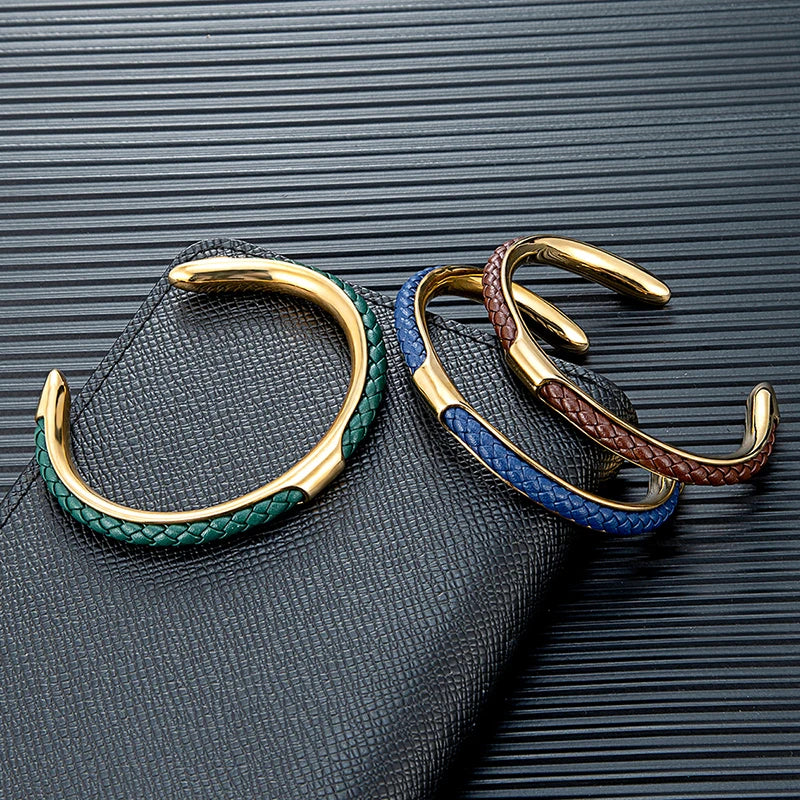 Bracciale Uomo a Polsino in Pelle e Acciaio Inossidabile