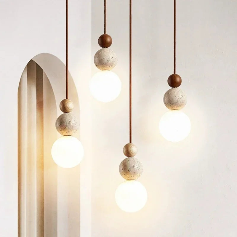 Lampada a Sospensione Sferica Minimalista in Vetro, Pietra e Legno