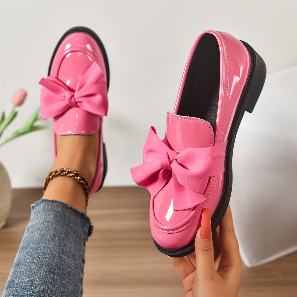 Mocassini Donna in Pelle Lucida con Fiocco e Platform