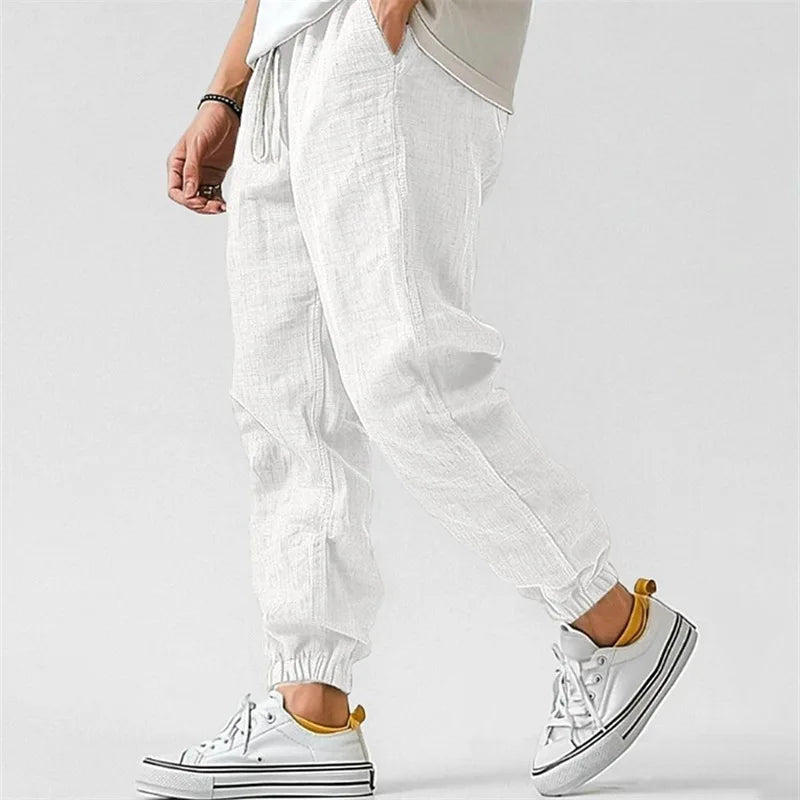 Pantaloni Jogger in Misto Lino con Coulisse e Polsini a Caviglia