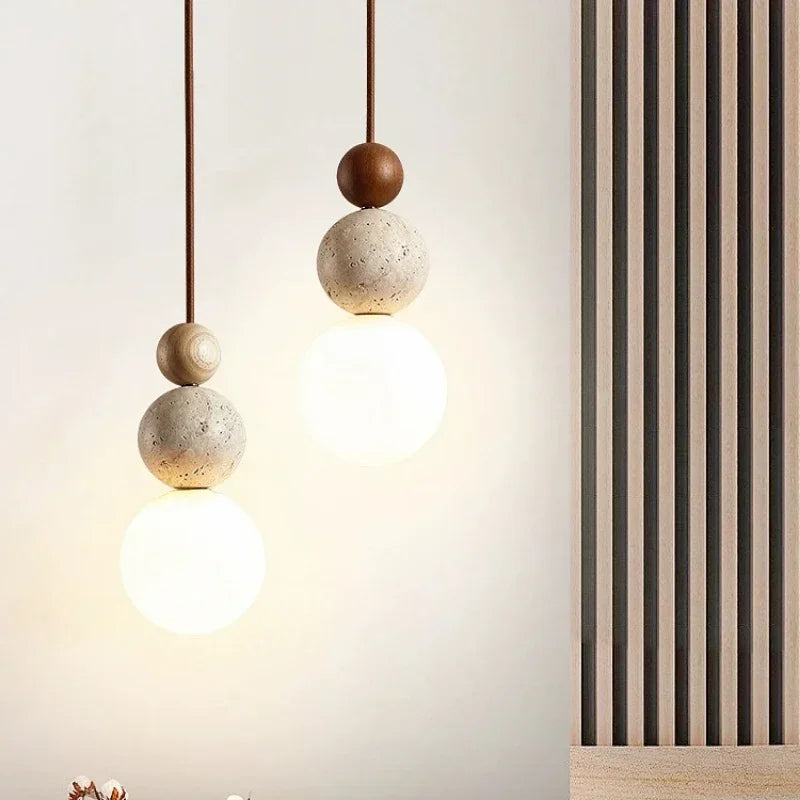 Lampada a Sospensione Sferica Minimalista in Vetro, Pietra e Legno
