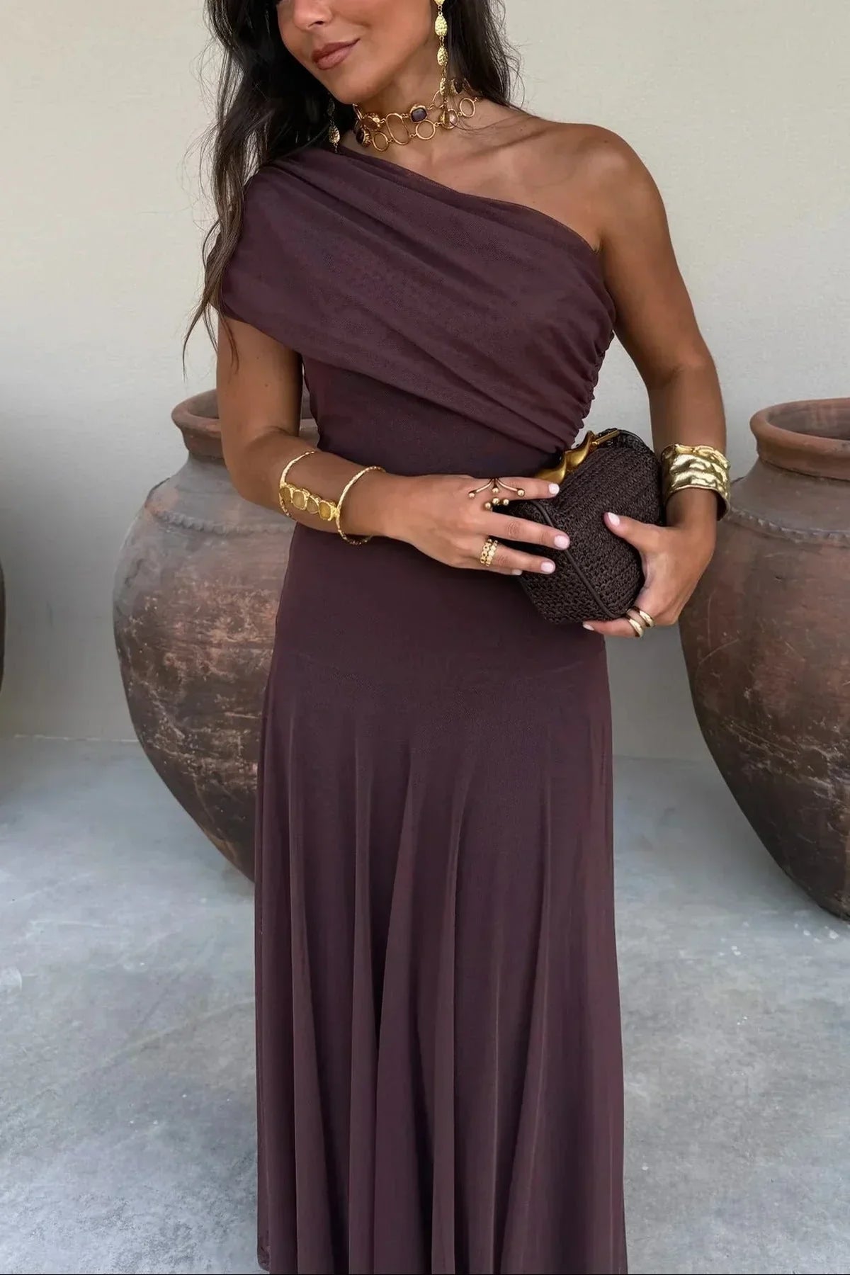 Abito Cerimonia Donna Lungo Monospalla Drappeggiato - Vestito Maxi Elegante