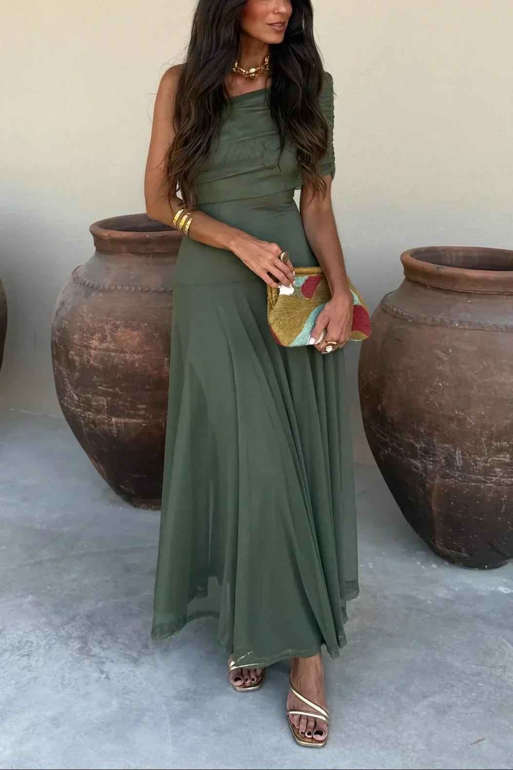 Abito Cerimonia Donna Lungo Monospalla Drappeggiato - Vestito Maxi Elegante